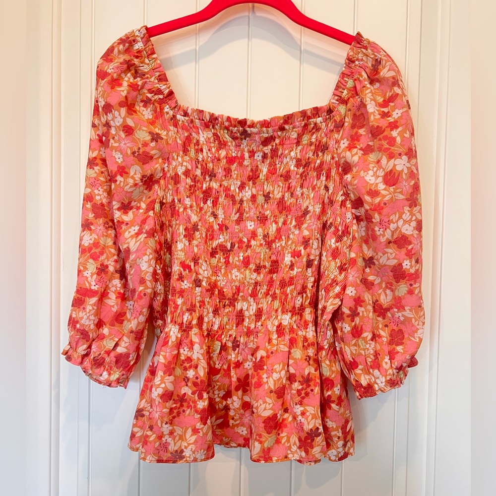 Nanette Lepore Pink Puff Sleeve Smocked Peplum Blouse Size L - Picture 9 of 10